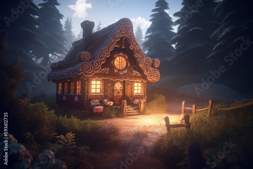 Gingerbread House in the Dark woods Fairy Tale Concept Art created with Generative AI technology