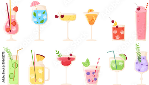 Summer drink cocktails  sweet fruits and alcohol fresh drinks. Beach or pool party  restaurant or bar elements. Mojito and tonic snugly vector set