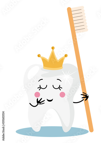 Funny tooth holding a toothbrush