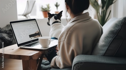 Woman enjoying the flexibility of remote work in a comfortable home setting with her pet dog and a cup of coffee - Generative AI
