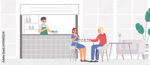 Couple on dating in cafe, cafeteria vegan. Young adults eating, waiter and visitors. Canteen, food court in mail or waiting area. Vector cartoon meet scene