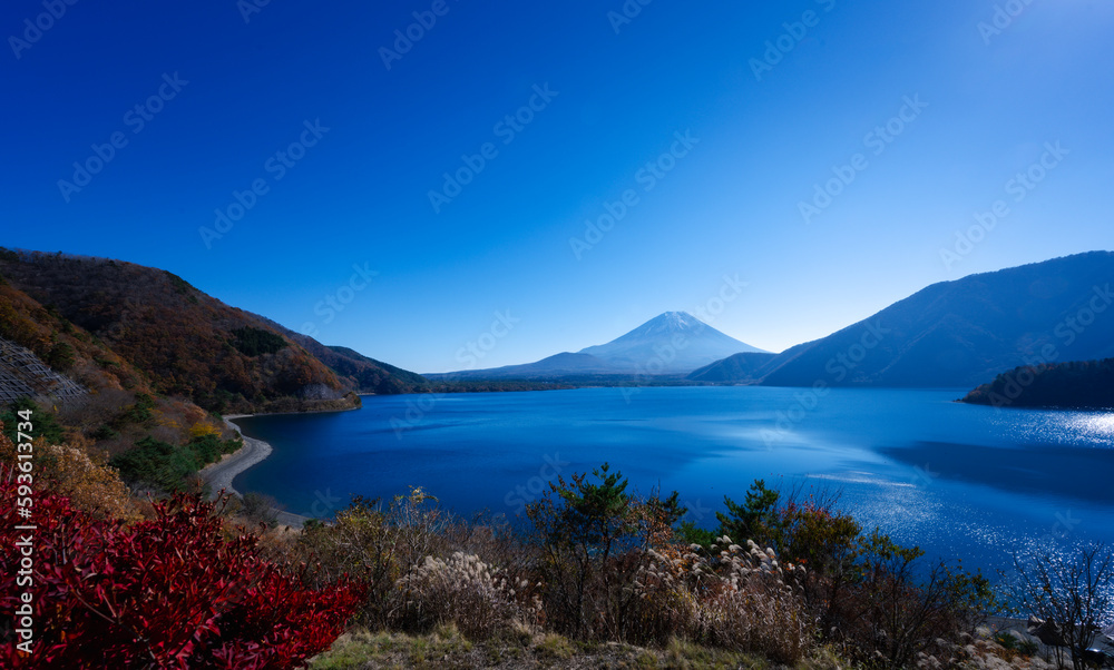 Landscape of Fuji mountain at Lake Motosuko It is one of the five lakes surrounding Fuji. By the fourth largest and around this lake.