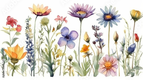 delicate watercolor beautiful meadow flowers on white background. generative ai  