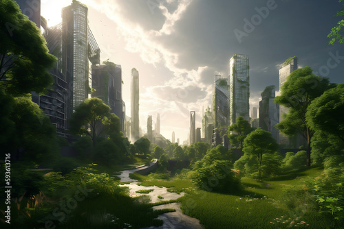 Eco,futuristic cityscape ESG concept full with greenery, skyscrapers, parks, and other manmade green spaces in urban area, Green garden in modern city, Digital art 3D illustration, (Generative AI)