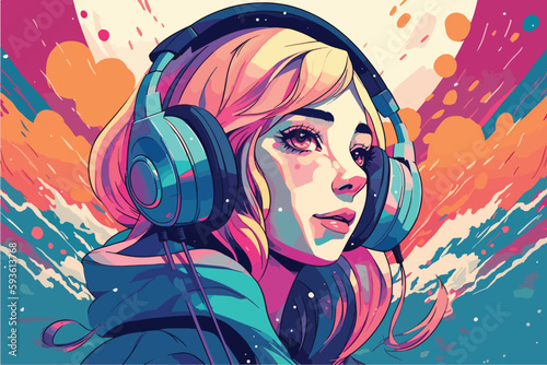 Anime Girl Immersed in Chill Music with Headphones