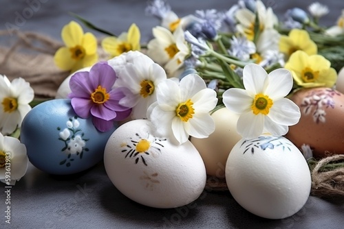 illustration, decorating easter eggs with spring flowers, ai generative.