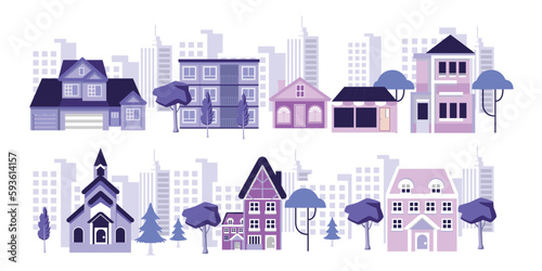 Cute houses, city buildings in  Flat vector illustration isolated on white background