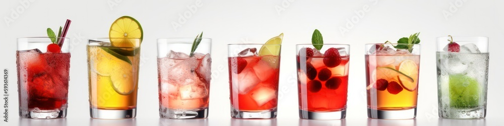 refreshing cold lemonades and cocktails with fresh fruits on a white background. Generative AI refreshing cold lemonades and cocktails with fresh fruits on a white background. Generative AI