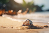 The perfect vacation spot: a sandy beach with a beautiful seashell and the blue ocean as the background, ideal for relaxation and leisure. AI Generative.