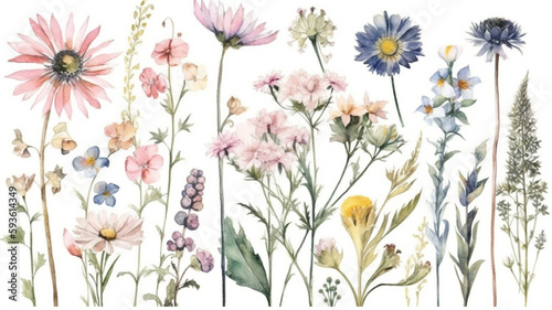 delicate watercolor beautiful meadow flowers on white background. generative ai 