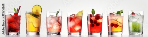 refreshing cold lemonades and cocktails with fresh fruits on a white background. Generative AI