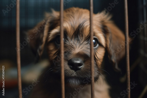 Sad looking dog puppy in cage in animal shelter (Generative AI)
