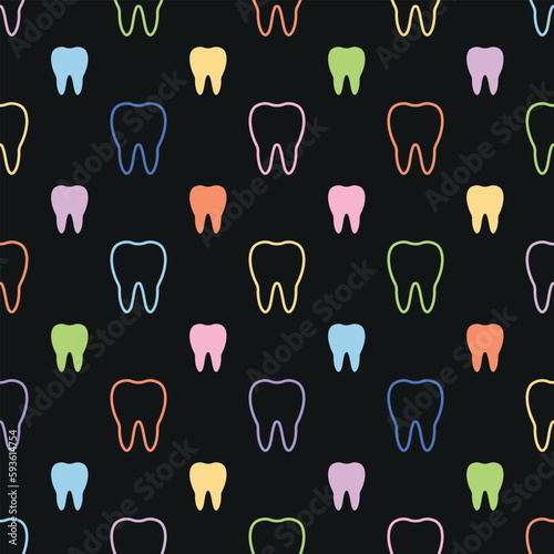 colorful teeth in black background. teeth seamless pattern. different colour for textile texture.
