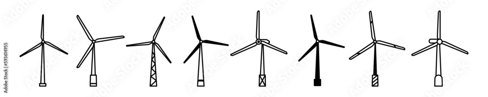 Set of Windmill Energy Power Generators line shapes, thin line design vector illustration Set of Windmill Energy Power Generators line shapes, thin line design vector illustration