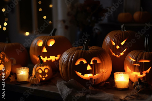 Generative AI Jack O Lanterns Glowing Halloween Scene © allasimacheva