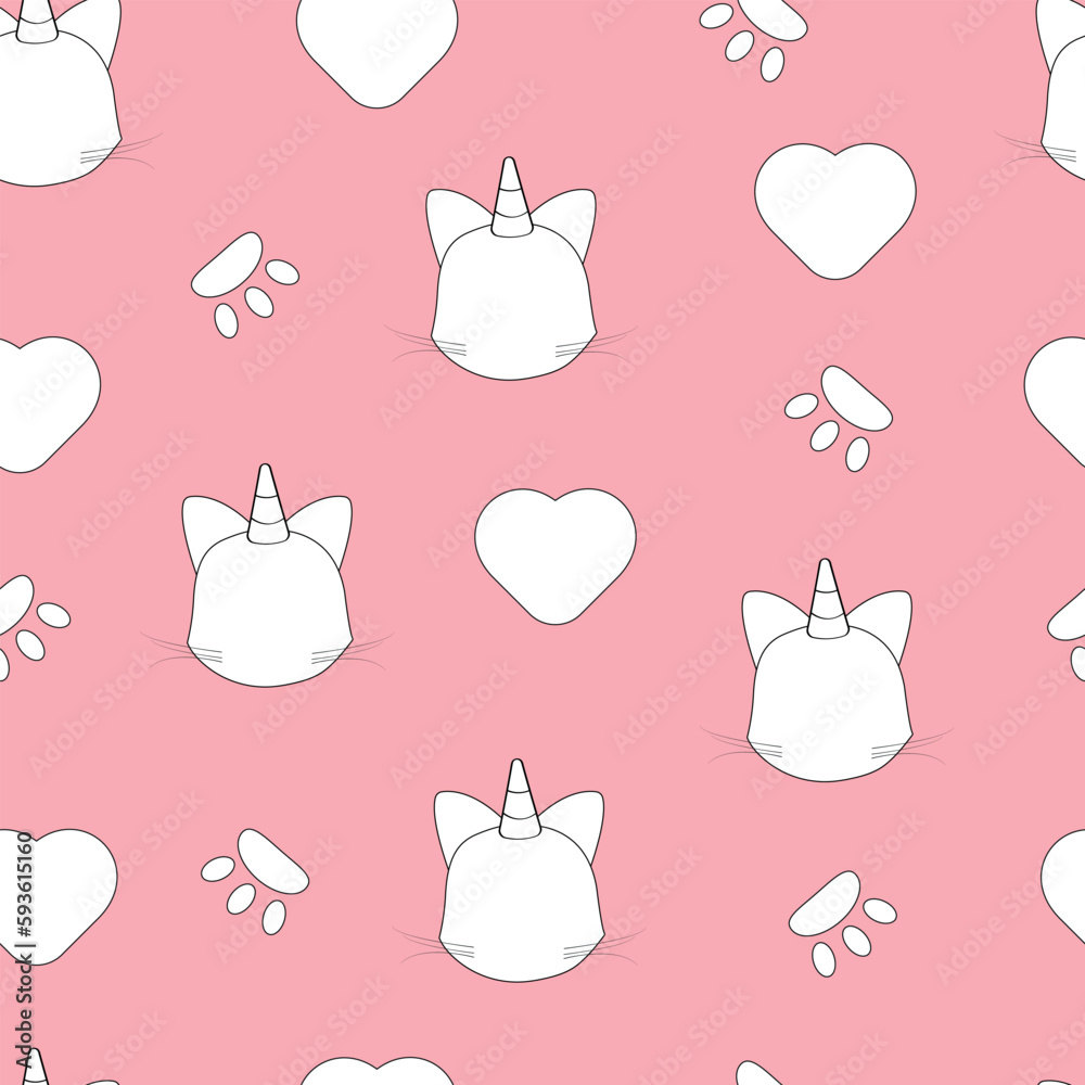 Cute seamless pattern with cat, paw and heart silhouettes on a pink background. Great for baby fabric, textiles, wallpaper, postcards. Childish cartoon vector background. Cute seamless pattern with cat, paw and heart silhouettes on a pink background. Great for baby fabric, textiles, wallpaper, postcards. Childish cartoon vector background.