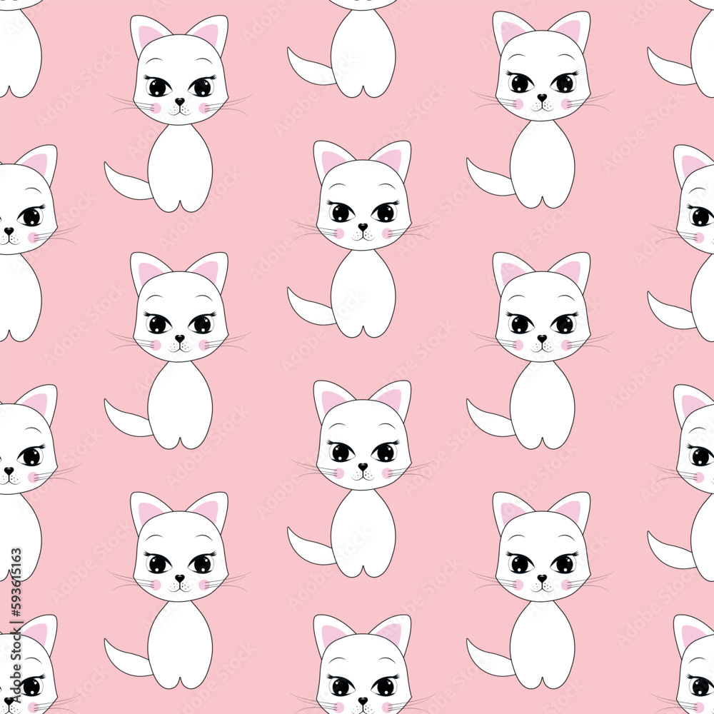 Trendy cartoon seamless pattern with a white cat on a pink background. Funny vector illustration for children's textiles, paper, gifts and graphic design. Children's style.