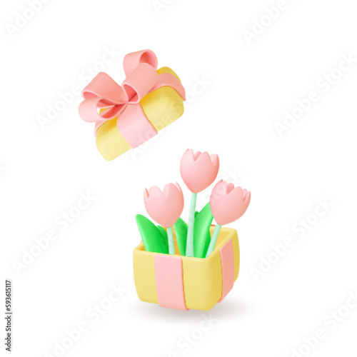 Tulips in gift box, 3d isolated composition. Flower bouquet, present for birthday, anniversary, holiday. Floral render, blooming vector element