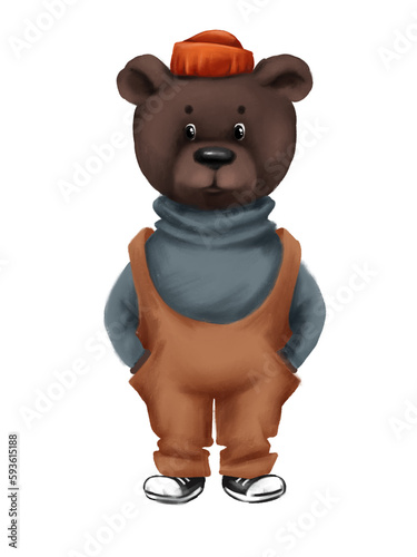 Illustration of cute cartoon bear in overalls