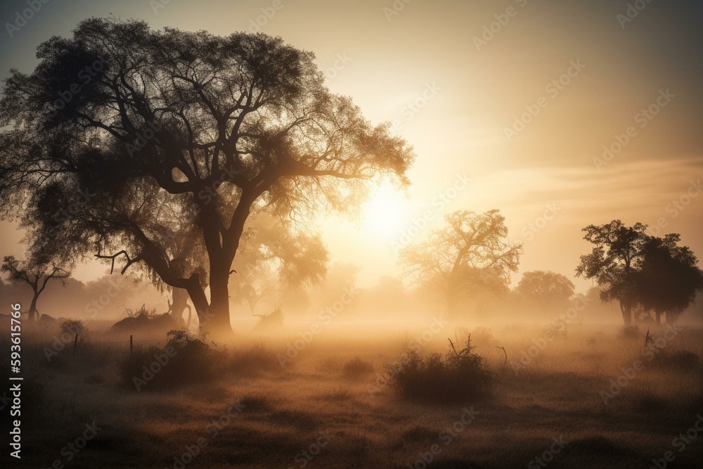 A beautiful sunrise behind the large  trees in spring with mist.Big tree silhouette with sun shining through. Springtime scenery of africa savannah field.Soft focus. Generative AI