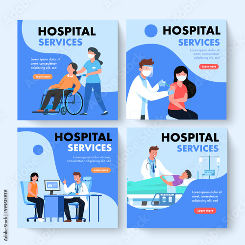 Square vector banners of services with doctors and patients in hospital.
