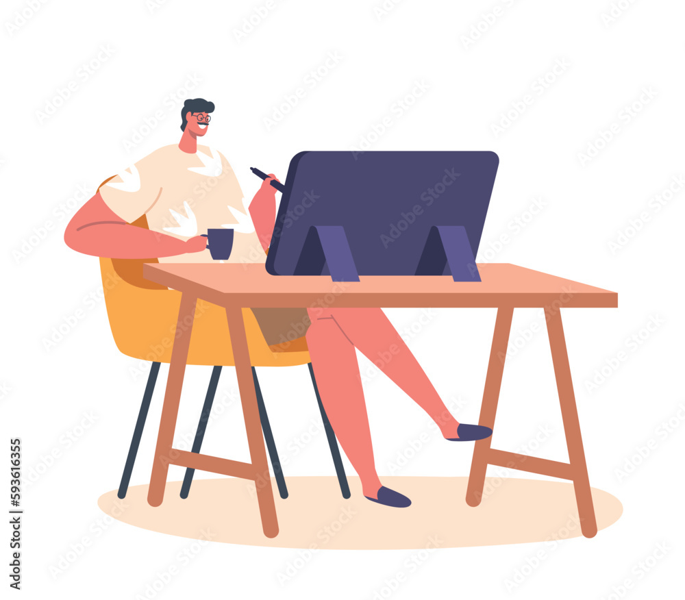 Fototapeta premium Graphic Designer Male Character Drawing With Stylus on Tablet at Workplace. Isolated Cheerful Man Illustrator