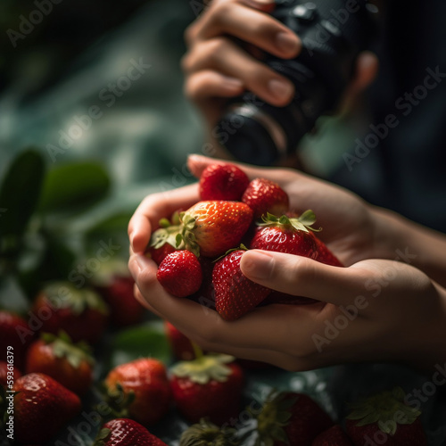 Taking a photo of strawberry bowl with camera, in the style of softly light, tabletop photography, stereotype photography, dappled, object portrait style