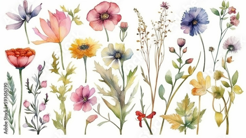   delicate watercolor beautiful meadow flowers on white background. generative ai   © pa-ka