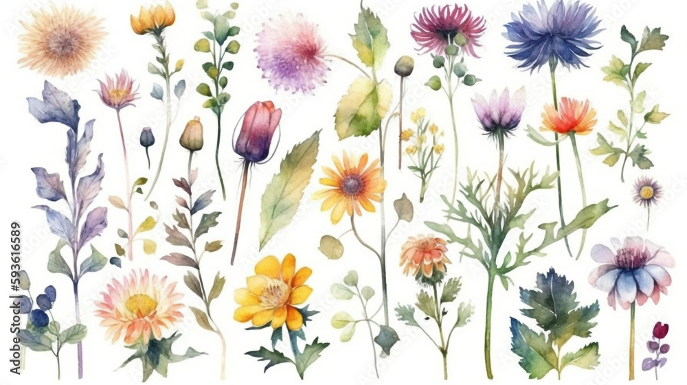 	
delicate watercolor beautiful meadow flowers on white background. generative ai	
