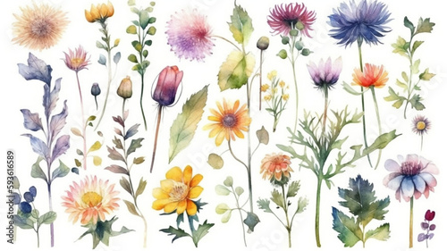  delicate watercolor beautiful meadow flowers on white background. generative ai 