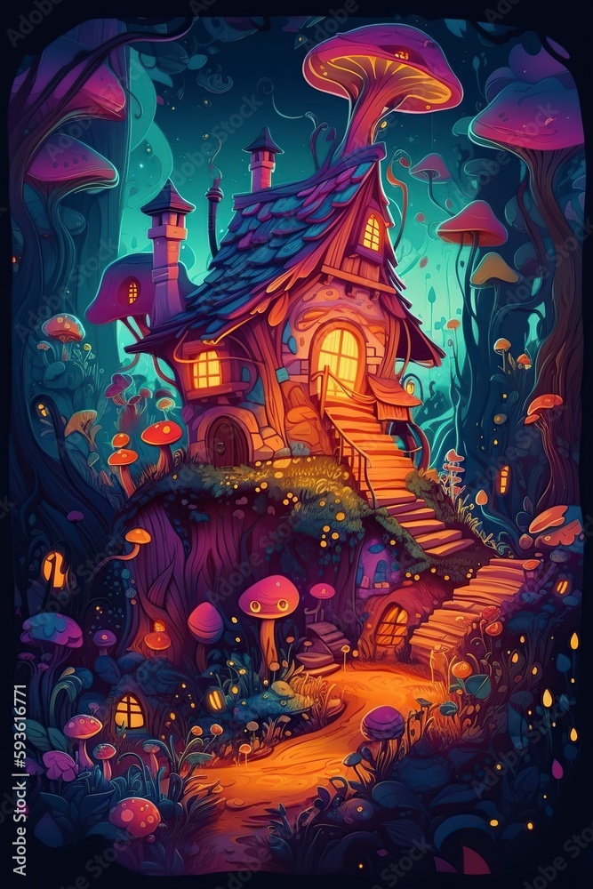 cartoon illustration, wizard house in the fairy forest, ai generative