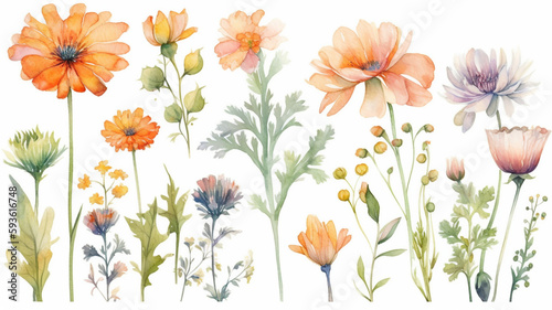   delicate watercolor beautiful meadow flowers on white background. generative ai  