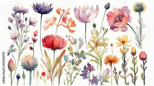   delicate watercolor beautiful meadow flowers on white background. generative ai  
