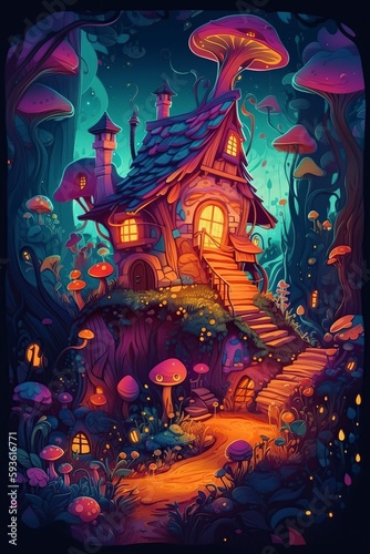 cartoon illustration, wizard house in the fairy forest, ai generative