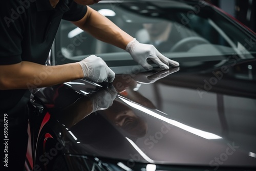 Car detailing specialist installing protective transparent 
