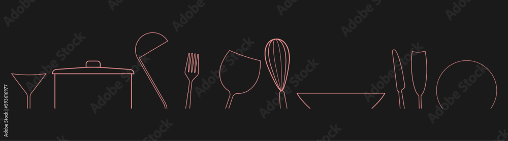 Set of black silhouettes kitchen tools fork spoon knife rolling pin ladle board for cutting culinary banner with place for your text vector illustration isolated on white background
