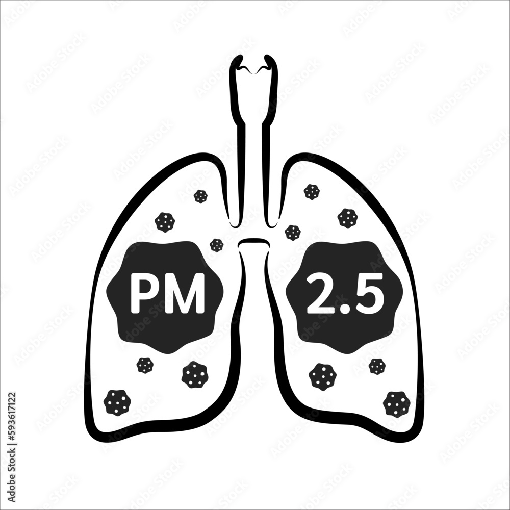 Fototapeta premium Human lungs Icon. Warning sign PM 2.5 dust. Air pollution source. Industrial outdoor fog town pollution or city dust danger. Vector EPS10 illustration.