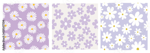 Abstract contemporary seamless patterns with floral design, daisy flowers, aesthetic backgrounds, wallpapers set, modern minimalist decoration