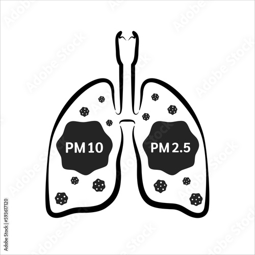 Human lungs Icon. Warning sign PM 2.5 dust. Air pollution source. Industrial outdoor fog town pollution or city dust danger. Vector EPS10 illustration.