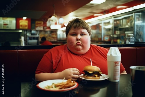 Fat young man / boy eating fast food or junk meal  in a fast food restaurant / diner, back view. Obesity. Created with Generative AI
