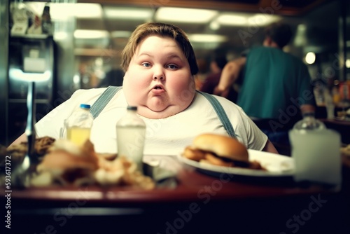 Fat young man / boy eating fast food or junk meal  in a fast food restaurant / diner, back view. Obesity. Created with Generative AI
