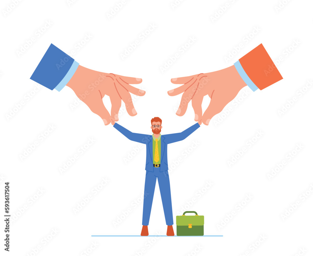 Two Huge Hands Are Pulling An Employee In Opposite Directions, Symbolizing Difficult Decision Or Conflicting Priorities Two Huge Hands Are Pulling An Employee In Opposite Directions, Symbolizing Difficult Decision Or Conflicting Priorities