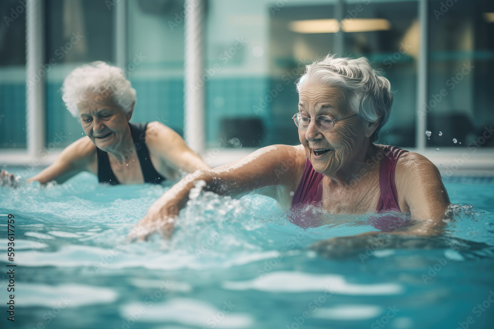 Senior people exercising in pool. Generative AI