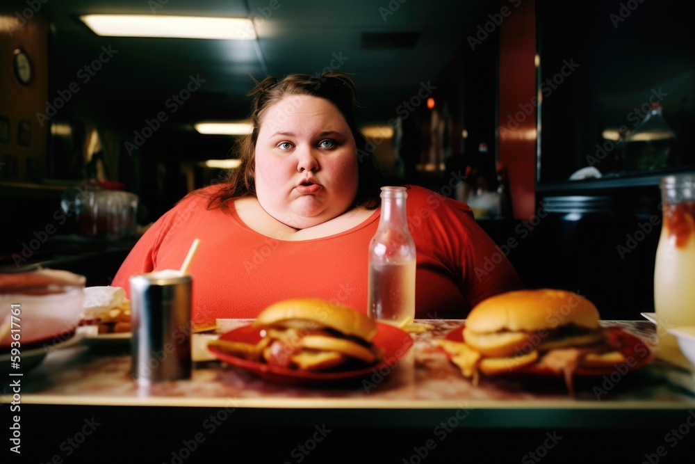 Fat young woman / girl eating fast food or junk meal  in a fast food restaurant / diner, back view. Obesity. Created with Generative AI
