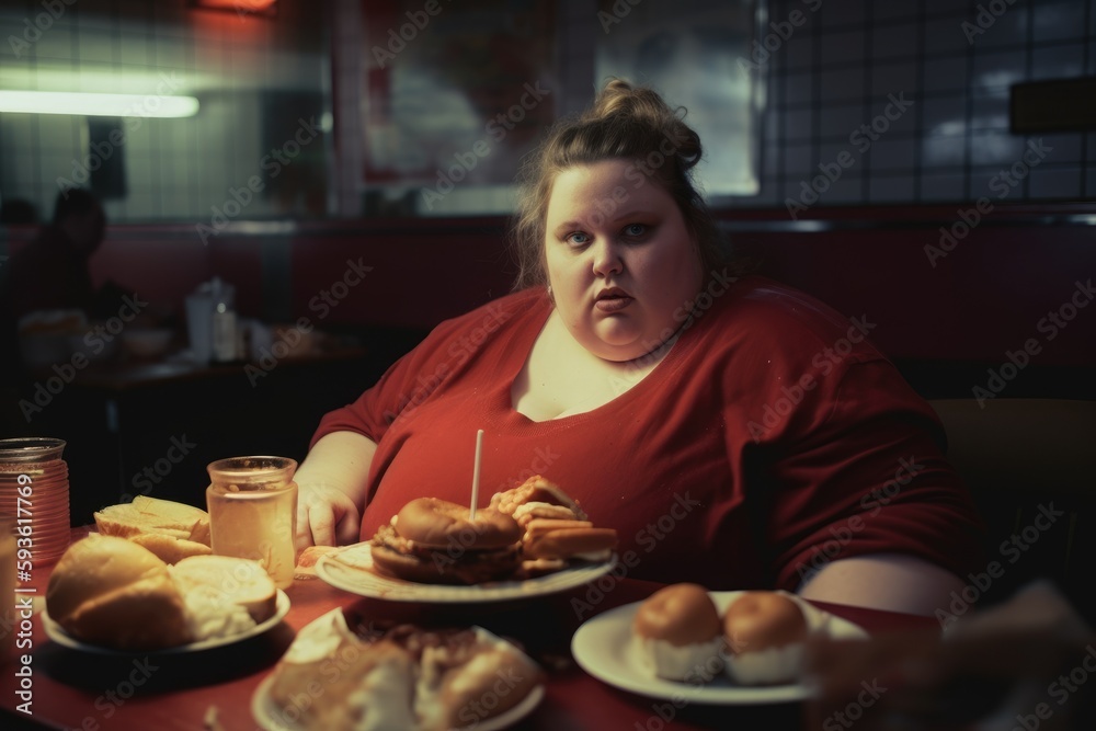 Fat young woman / girl eating fast food or junk meal  in a fast food restaurant / diner, back view. Obesity. Created with Generative AI
