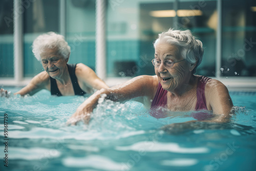 Senior people exercising in pool. Generative AI © Miquel