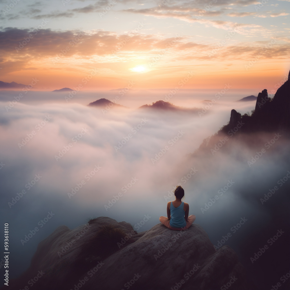 a woamn sitting on top of a large rock, a matte painting by Wu Wei, made of mist, soft mist a woamn sitting on top of a large rock, a matte painting by Wu Wei, made of mist, soft mist