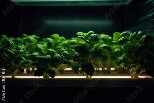 a hydroponic garden indoors in winter with lettuce in an environment with global illumination. generative ai 