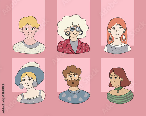 Different people. A set of funny characters, men and women with different faces, different races, different ages, and different hairstyles. Color vector illustration cartoon style.