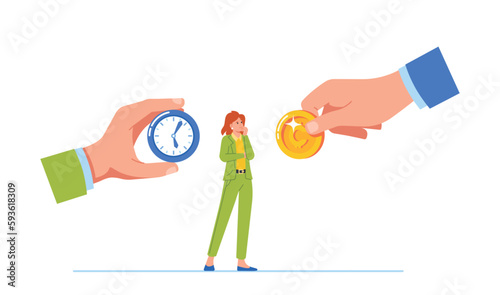 Businesswoman Weighing Her Options As She Chooses Between Hands Offering A Clock, Signifying Time, Or Money